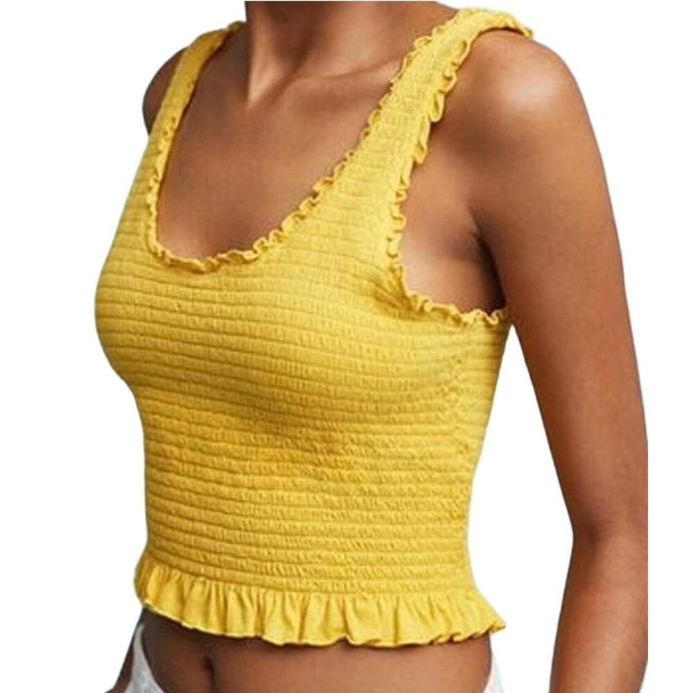 Anthropologie Floreat Smocked Crop Tank Top Ruffle Lettuce Hem Stretch Yellow S
